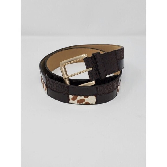NINE WEST LEATHER PATCHWORK BROWN BELT WOMEN OS COWHIDE GOLD BUCKLE WESTERN - Picture 1 of 12
